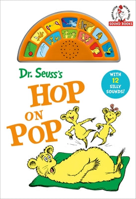 Dr. Seuss Hop on Pop interactive board book by Random House with 12 silly sounds, featuring colorful pages and playful illustrations.