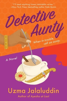 Detective Aunty paperback book by Harper Perennial with a colorful cover illustration, resting on a wooden surface.