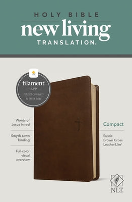 Leatherlike rustic brown NLT Compact Bible with red-letter text, cross design, and filament-enabled features from Tyndale House Publishers.