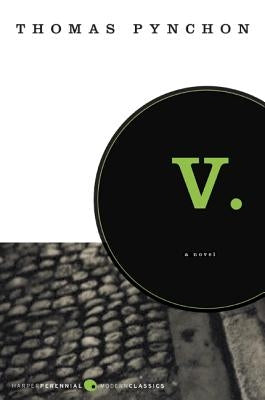 Paperback book by Harper Perennial titled "V." with a simple cover design, shown in a close-up image.