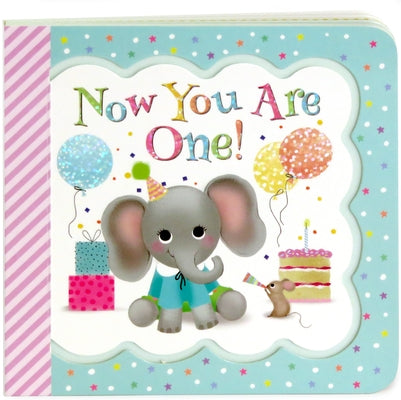 Close-up of the "Now You Are One" board book by Cottage Door Press, featuring colorful illustrations and toddler-friendly pages.