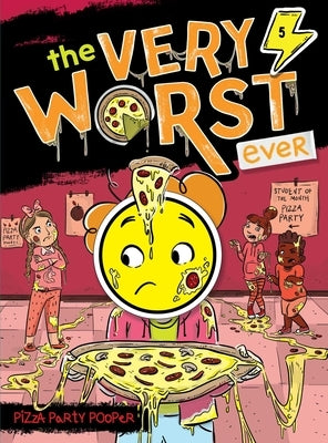 Paperback book titled "Pizza Party Pooper" by Little Simon, showing colorful cover art with playful illustrations.