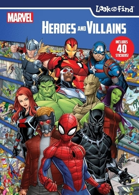 Paperback Marvel Heroes and Villains Look and Find book by Pi Kids featuring colorful characters and detailed illustrations.