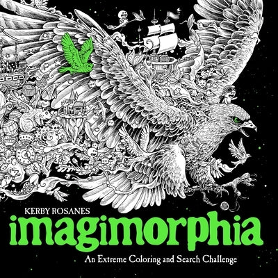 Open paperback copy of Imagimorphia: An Extreme Coloring and Search Challenge by Plume Books, featuring intricate illustrations on the cover.