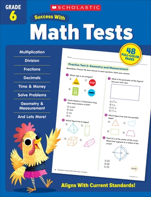 Paperback Scholastic Success with Math Tests Grade 6 workbook by Scholastic Teaching Resources with sample math test pages.
