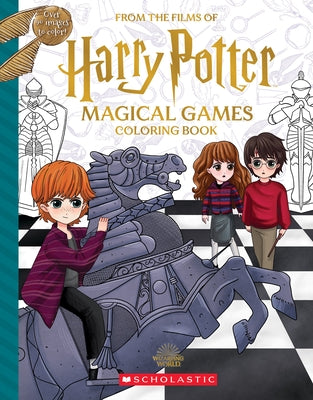 Scholastic Inc. Harry Potter coloring book featuring magical scenes from the Magical Games series in a paperback format.