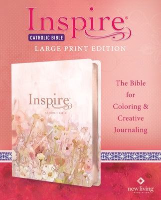 Large print pink leatherlike Inspire Catholic Bible NLT by Tyndale with rose gold accents, featuring space for coloring and journaling.