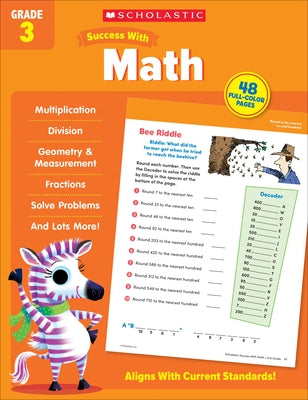 Paperback Scholastic Success with Math Grade 3 workbook with colorful cover and sample math activities for third-grade students.