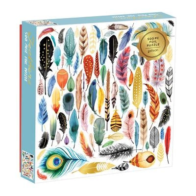 Galison Feathers 500-piece foil puzzle featuring colorful feather images, perfect for board game and puzzle enthusiasts.