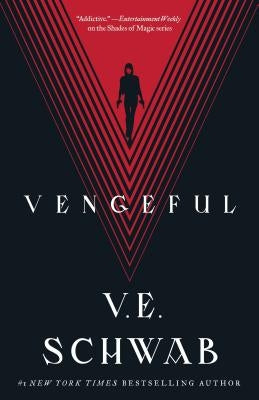 Paperback copy of the fantasy novel "Vengeful" by Tor Books, featuring a dark, atmospheric cover design.