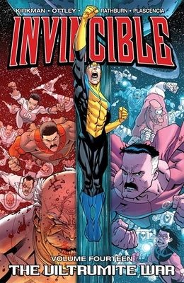 Paperback of Invincible Volume 14: The Viltrumite War comic by Image Comics showing the cover art with characters and bold title text.