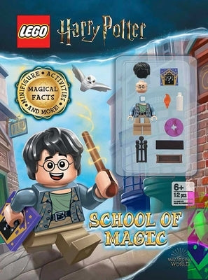 Lego Harry Potter School of Magic activity book with minifigure, paperback from Studio Fun International, featuring magical scenes and puzzles.