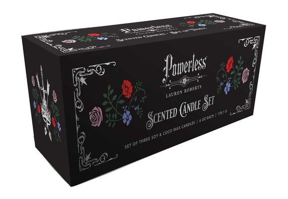 Set of three scented glass candles from the Lauren Roberts Powerless Trilogy, with elegant glass containers and fragrant wax.