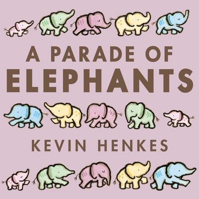 Board book titled "A Parade of Elephants" by Greenwillow Books, featuring colorful illustrations of elephants on the cover.