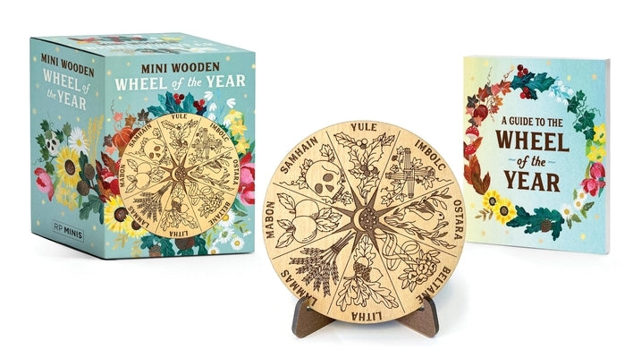 Mini Wooden Wheel of the Year paperback by Rp Minis, showing a detailed wooden wheel with seasonal symbols and labels.