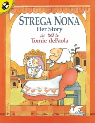 Paperback of Strega Nona: Her Story by Puffin Books showing the book cover with colorful illustrations and title text.