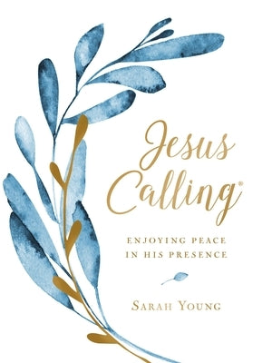 Hardcover Jesus Calling devotional by Thomas Nelson featuring large text, cloth botanical cover, and full scripture passages.