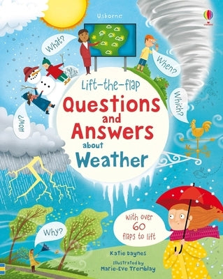 Lift-the-flap weather questions and answers board book by Usborne Books showing colorful pages with flaps and weather illustrations.