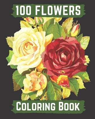 Open paperback of 100 Flowers Coloring Book featuring floral bouquets, wreaths, swirls, patterns, and inspirational floral designs.