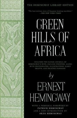 Green Hills of Africa paperback by Scribner Book Company showing a vintage-style book cover with green and earthy tones.