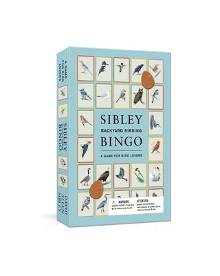 Sibley Backyard Birding Bingo board game for bird lovers, featuring colorful bird illustrations and game components.