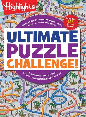 Children's activity book by Highlights Press featuring brain puzzles, hidden pictures, mazes, Sudoku, and word searches in paperback.