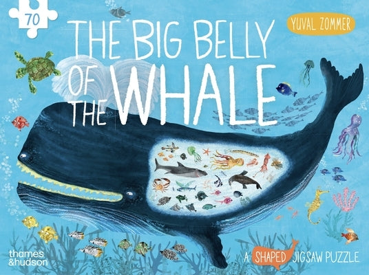 A shaped jigsaw puzzle of a whale's belly from Thames & Hudson's The Big Belly of the Whale board game, showing colorful puzzle pieces.