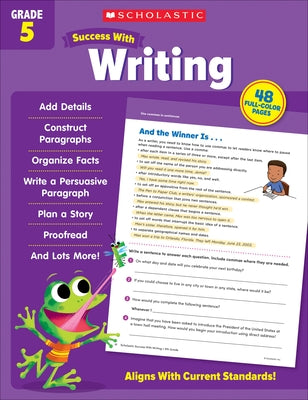 Paperback Scholastic Success with Writing Grade 5 workbook by Scholastic Teaching Resources, featuring colorful writing exercises and practice pages.