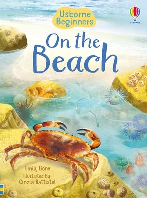 Paperback copy of "On the Beach" by Usborne Books, featuring colorful seaside illustration on the cover.