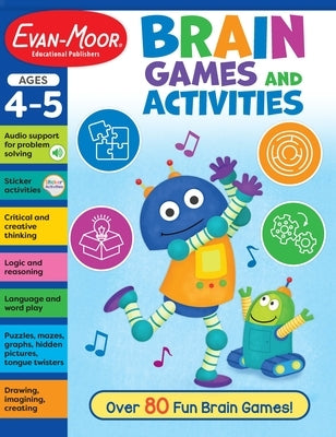 Paperback Brain Games and Activities workbook for ages 4-5 by Evan-Moor Educational Publishers, featuring colorful puzzles and activities.