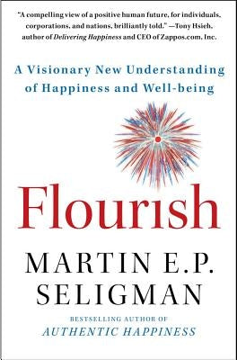 Paperback book titled "Flourish" by Simon Element, exploring new insights on happiness and well-being, with a colorful cover design.