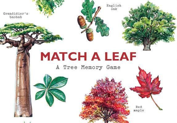 Match a Leaf tree memory game by Laurence King featuring colorful leaf cards and nature-themed game pieces on a wooden surface.