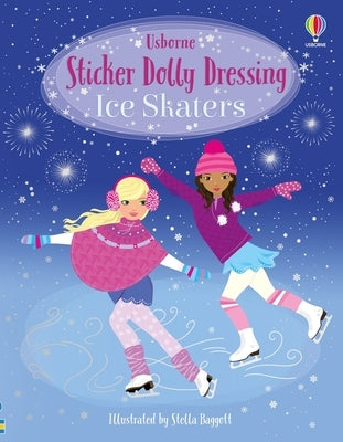 Paperback Sticker Dolly Dressing Ice Skaters book by Usborne Books featuring colorful ice skater stickers and dressing scenes.