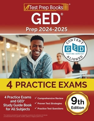 Test Prep Books GED Prep 2024-2025 paperback with practice exams and study guide for all subjects, 9th Edition, cover image.