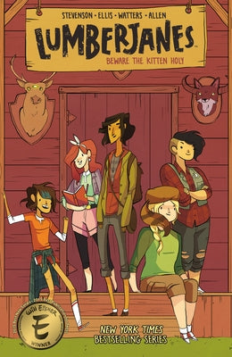 Paperback of Lumberjanes Vol. 1 comic book by Boom!box, featuring colorful cover art with group of girls in outdoor adventure scene.