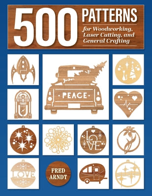 Paperback book titled "500 Patterns for Woodworking, Laser Cutting, and Crafting" by Fox Chapel Publishing, with colorful pattern illustrations.