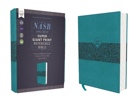 Zondervan Super Giant Print Reference Bible in Teal Leathersoft with red letter edition and comfort print, 1995 text visible.