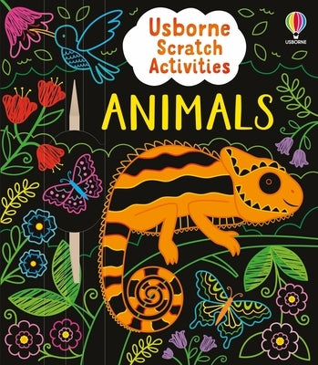 Usborne Scratch Activities Animals paperback book with colorful animal illustrations and scratch-off sections for kids' creative fun.