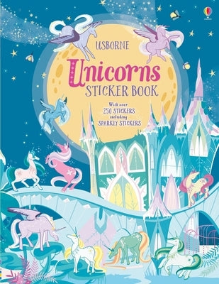 Paperback Unicorns Sticker Book with colorful unicorn stickers and pages for kids to create fun scenes, by Usborne Books.