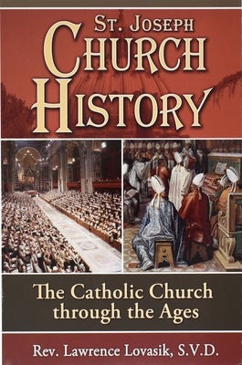 Paperback of St. Joseph Church History by Catholic Book Publishing, illustrating historical scenes of the Catholic Church through the ages.