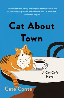 Paperback of "Cat about Town" by Minotaur Books, featuring a cozy bookstore scene with a cat on the cover.