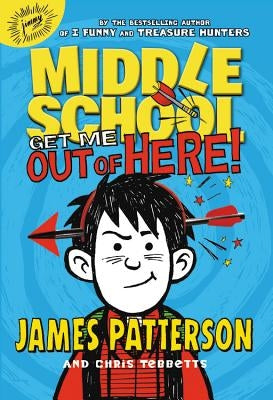 Paperback book titled "Get Me Out of Here!" by Jimmy Patterson, featuring colorful cover art with cartoon characters.