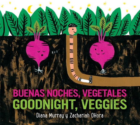 Bilingual children's board book titled "Goodnight, Veggies" by Clarion Books, featuring colorful vegetable illustrations for kids.
