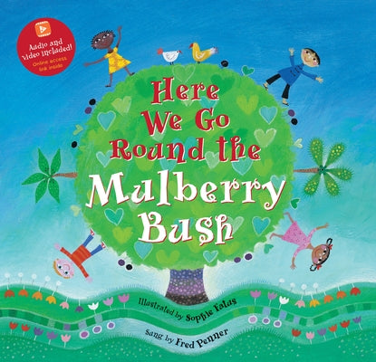 Paperback of "Here We Go Round the Mulberry Bush" by Barefoot Books, showing colorful cover art with children and musical notes.