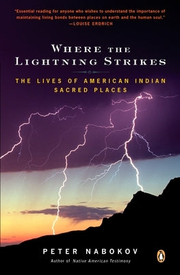 Paperback book titled "Where the Lightning Strikes" by Penguin Books, featuring a cover with Native American sacred places.