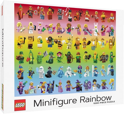 Lego Minifigure Rainbow 1000-Piece Puzzle by Chronicle Books, colorful image of the puzzle featuring Lego minifigure characters and rainbow design.