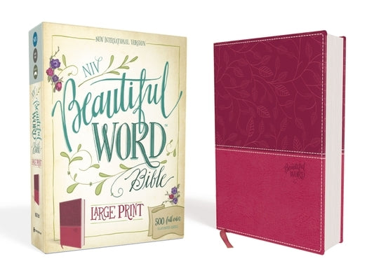 Zondervan NIV Beautiful Word Bible in pink imitation leather, large print with full-color illustrated verses displayed open.