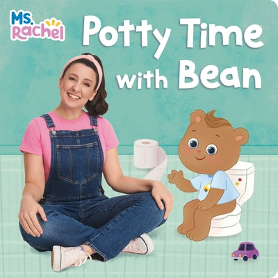 Board book titled "Potty Time with Bean" by Ms. Rachel, featuring colorful illustrations for young children learning potty training.