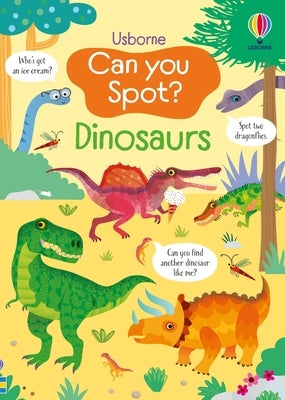 Paperback "Can You Spot? Dinosaurs" book by Usborne Books featuring colorful dinosaur illustrations for children.