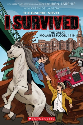 Paperback graphic novel titled "I Survived the Great Molasses Flood, 1919" by Graphix, showing colorful cover art.